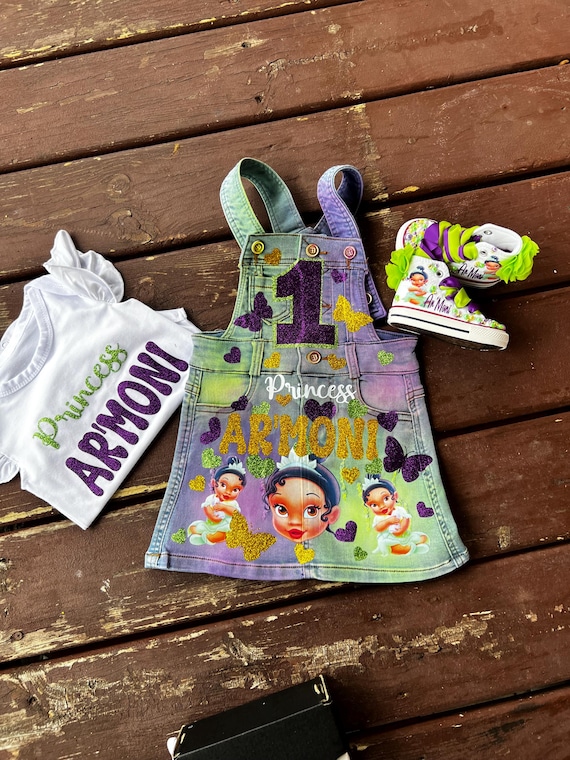 Baby Tiana denim birthday set, tiana converse shoes, birthday outfit ,princess baby tiana birthday outfit with shoes, overall denim dress