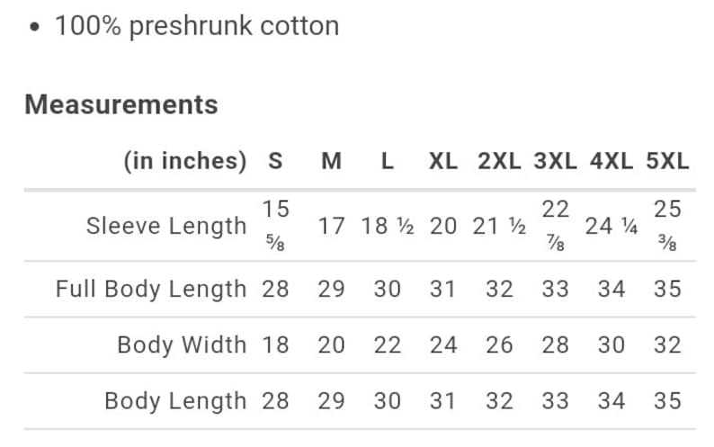 Pu&ograve; includere: Tabella delle misure di un capo, tra cui lunghezza manica, lunghezza totale del corpo, larghezza del corpo e lunghezza del corpo, in centimetri. Le taglie vanno dalla S alla 5XL. Il tessuto &egrave; 100% cotone prelavato.