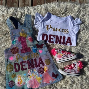 Princess denim birthday set, princess converse shoes, birthday outfit,princess birthday outfit with shoes, overall denim dress, jeans outfit