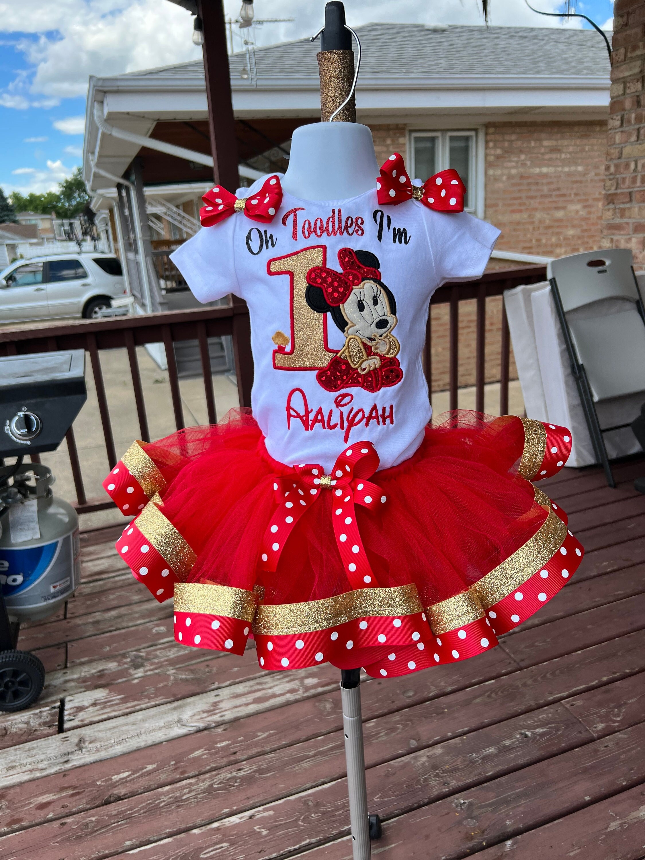 minnie mouse tutu set, minnie mouse birthday outfi, oh twodles Minnie Mouse birthday outfit, red and gold second birthday outfit, baby