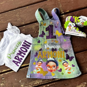 Baby Tiana denim birthday set, tiana converse shoes, birthday outfit ,princess baby tiana birthday outfit with shoes, overalls denim dress