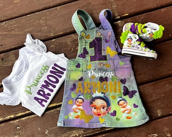 Baby Tiana denim birthday set, tiana converse shoes, birthday outfit ,princess baby tiana birthday outfit with shoes, overalls denim dress