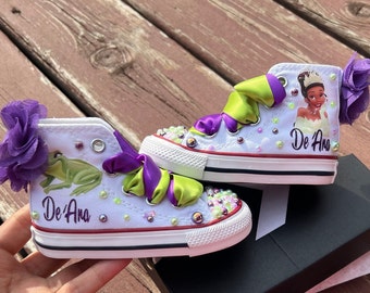 Princess tiana bling shoes, princess and the frog Sneakers shoes, princess tiana rhinestones shoes, birthday outfit, princess tiana bling