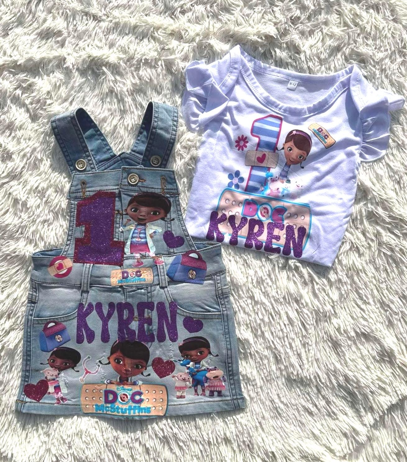 yasmeensdesigns Doc McStuffins Birthday Overalls Skirt Set, Doc McStuffins Converse Shoes, Birthday Outfit with Shoes, S Denim Dress, Overall Skirt, image size:1310x1485