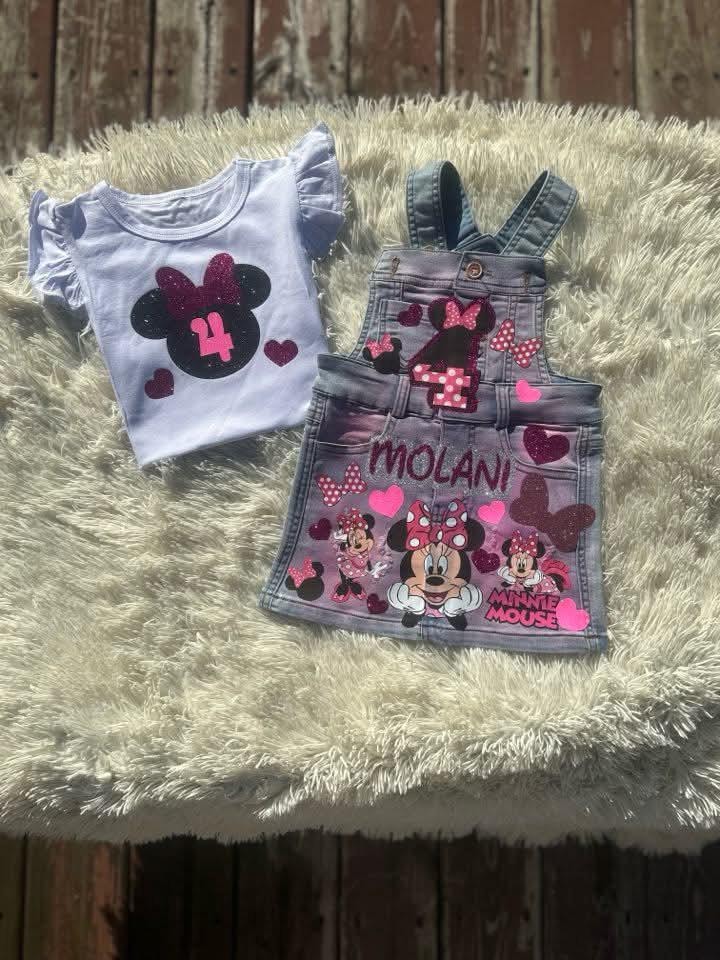 Minnie Mouse overalls denim skirt birthday set, Minnie Mouse converse shoes, birthday outfit, overall denim dress, pink minnie