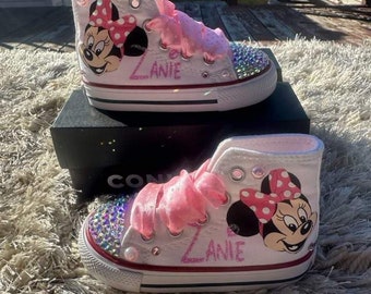 Minnie Mouse bling shoes, Minnie Mouse pink converse shoes, Minnie Mouse rhinestones shoes, for birthday outfit, Minnie Mouse light pink