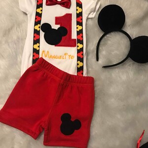 Mickey Mouse First Birthday Outfit, Boys Shirt, Shorts, Ears image 2