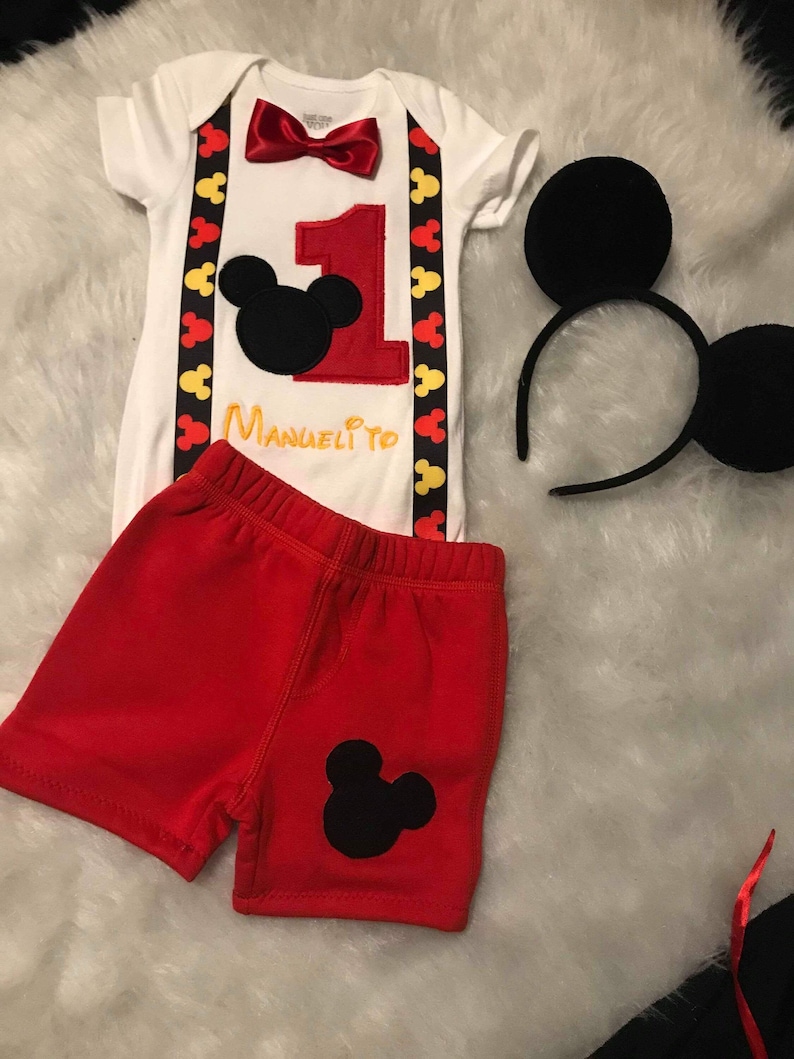 Mickey Mouse First Birthday Outfit, Boys Shirt, Shorts, Ears image 2