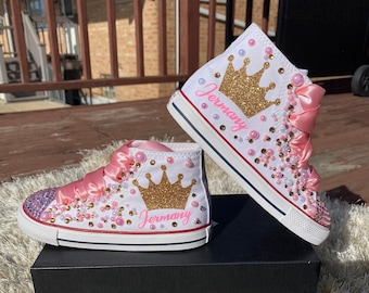 Princess bling shoes, crown princess shoes, pink and gold outfit, pink and gold bling shoes, pageant converse shoes, birthday bling shoes