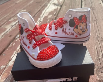 Minnie Mouse Rhinestone Sneakers, Red Ribbon Laces, Birthday Outfit