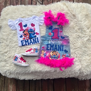 Lilo and stitch overalls dress denim birthday set, Lilo and stitch converse shoes, birthday denim overall dress skirt outfit with shoes