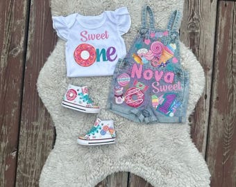 Sweet one overalls shorts with shoes candy land overalls birthday outfit Donut overalls denim set sweet one birthday outfit