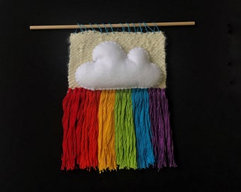 Modern Rainbow Wall Hanging - Cloud and Rainbow Pride Loom Macrame Home Decor