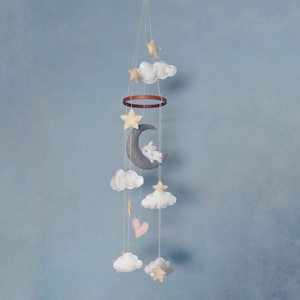 Dreaming Bunny Moon and Stars Baby Mobile - Felt Sleeping Bunny on Moon with Stars, Clouds, and Heart