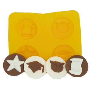 Smiling Star Scroll Graduation Cap Owl 4 Cavity Cream Cheese Mint Mold Candy Melts Fondant Chocolate Soap
