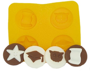 Smiling Star Scroll Graduation Cap Owl 4 Cavity Cream Cheese Mint Mold Candy Melts Fondant Chocolate Soap
