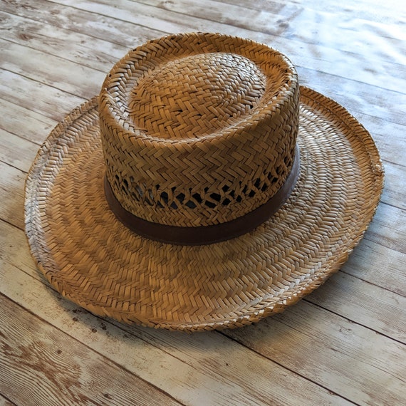 Vintage Tan Straw Men's Panama Boater Hat, Medium
