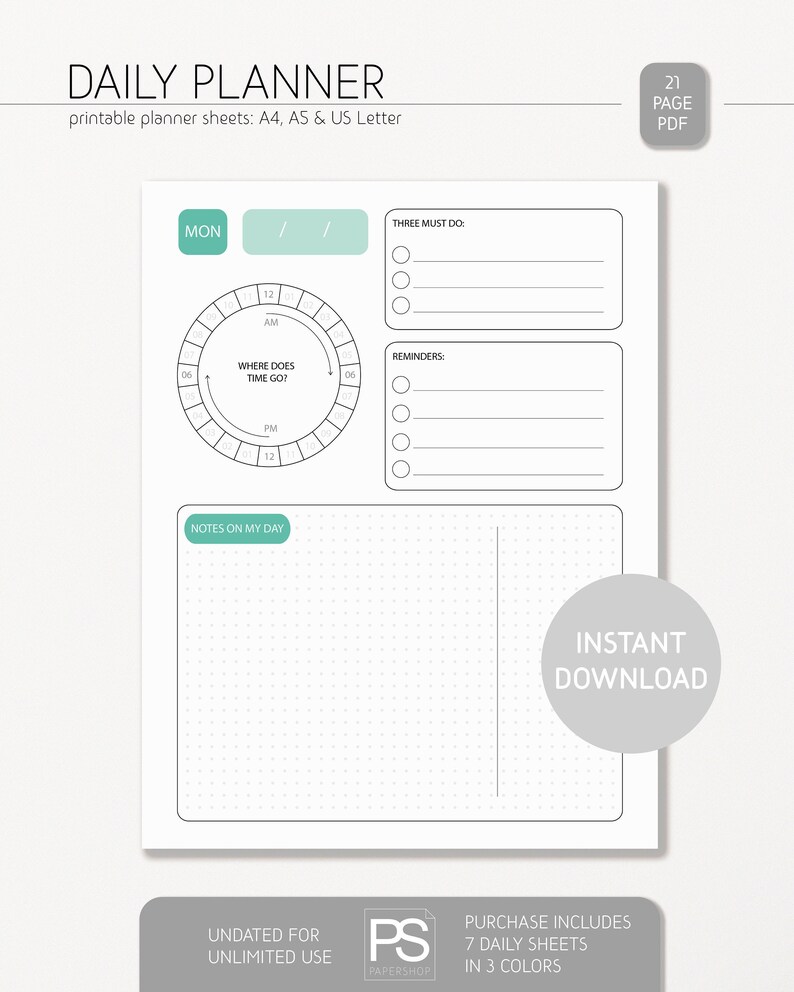 Daily Planner, Daily Printable, Daily Agenda, Day on 1 Page, Undated ...