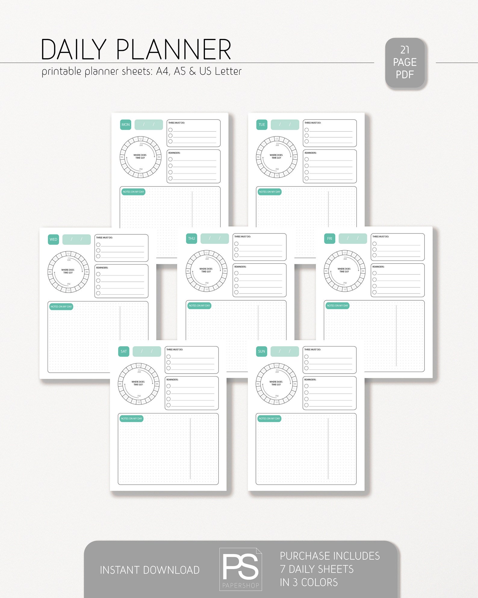 Daily Planner, Daily Printable, Daily Agenda, Day on 1 Page, Undated ...