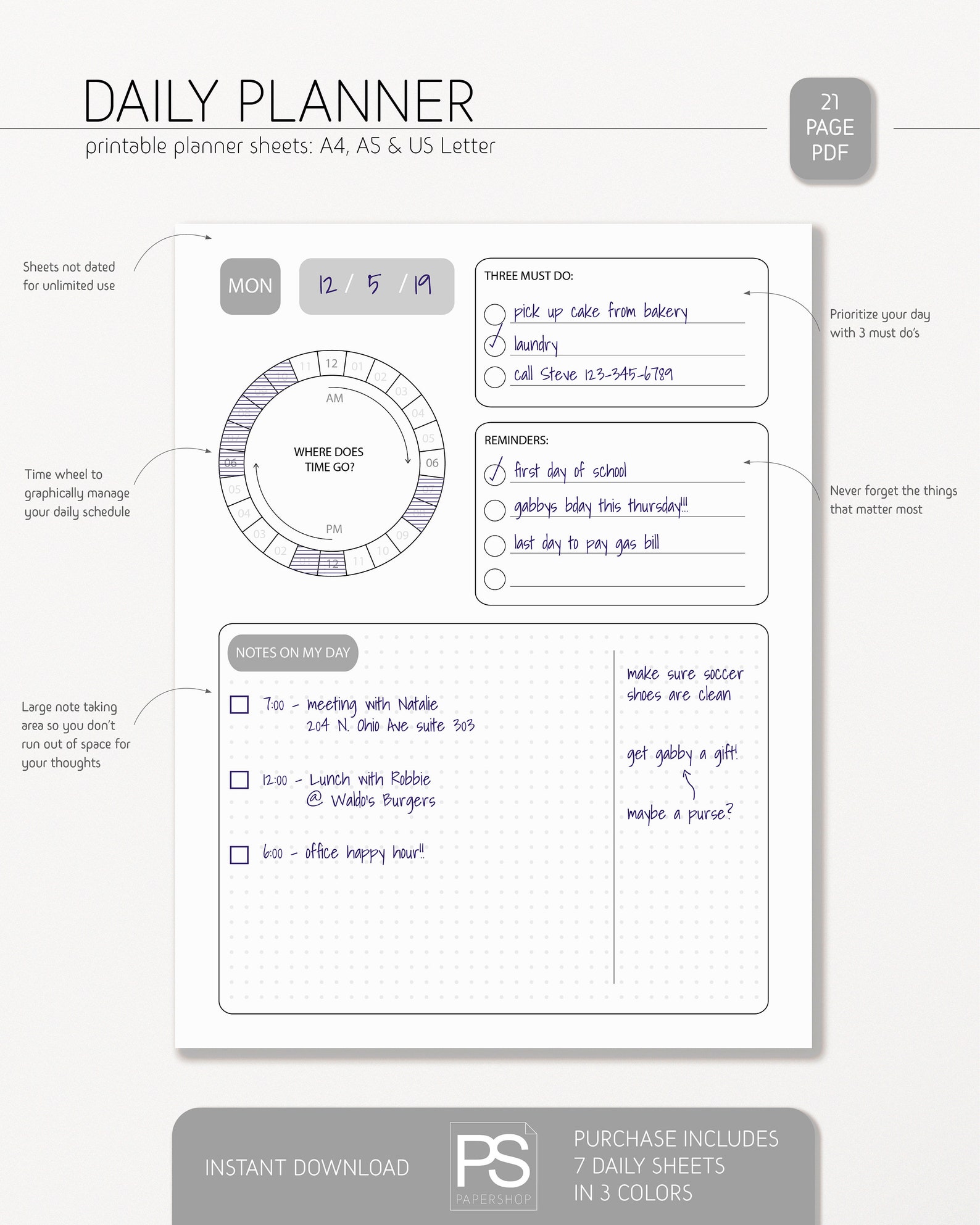 Daily Planner, Daily Printable, Daily Agenda, Day on 1 Page, Undated ...