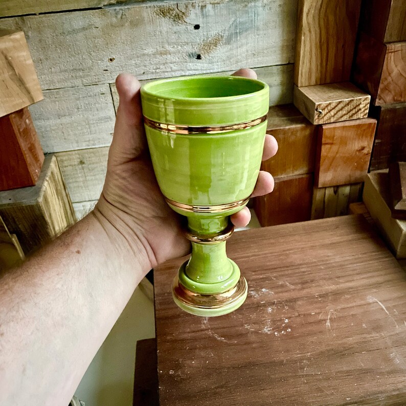 Maximum fancy Goblet handmade porcelain with green and gold glaze luxurious chalice celebrityware image 2