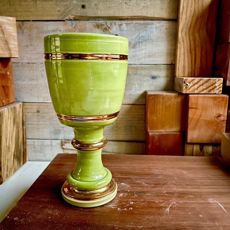 Maximum fancy Goblet handmade porcelain with green and gold glaze luxurious chalice celebrityware image 1