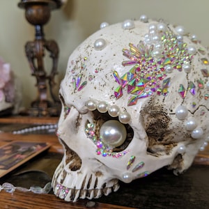 Crystal skull, Halloween crystal skull, Swarovski skull, elegant Halloween decorations, pearl skull, spooky season, Halloween decor, goth