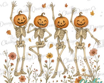 Dancing Pumpkin Skeletons PNG,  Vintage Halloween, Jack O Lantern, Floral Autumn, Spooky Digital Download