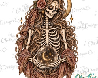 Fortune Teller Skeleton PNG, Crystal Ball Witchy Woman, Celestial Moon Gothic Halloween Sublimation