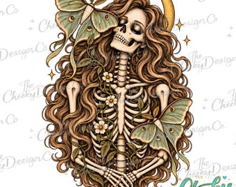 Luna Moth Skeleton Woman PNG, Celestial Gothic Floral Art, Witchy Moon Boho Sublimation Design