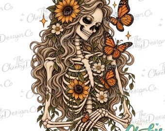 Boho Gothic Skeleton Woman PNG, Sunflower Butterfly Art (Digital Download)