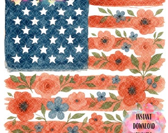Watercolor Floral American Flag PNG: Patriotic Clipart (Digital Download