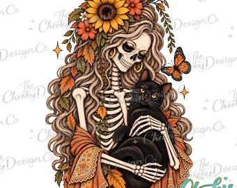 Fall Skeleton Black Cat PNG, Autumn Sunflower Gothic Woman, Spooky Halloween Floral Sublimation Design