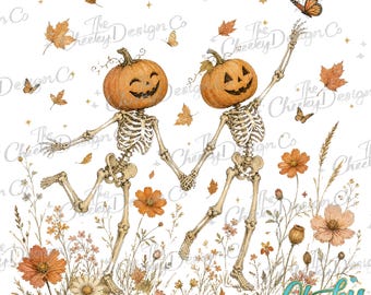 Pumpkin Skeleton Besties PNG Dancing Skeletons Spooky Season