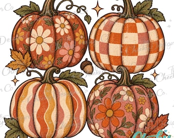 Retro Pumpkin PNG, Groovy Fall Design, Patterned Autumn Pumpkins, Vintage Floral Digital Download