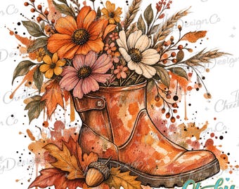 Fall Wildflower PNG, Watercolor Rain Boot Design, Autumn Floral Graphic, Vintage Fall Sublimation