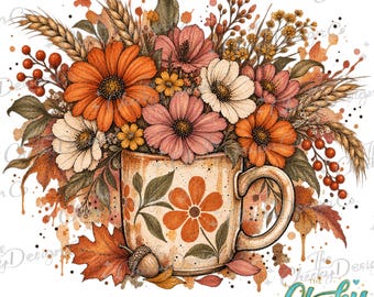 Fall Wildflower PNG, Watercolor Floral Mug, Autumn Coffee Design, Vintage Botanical Sublimation