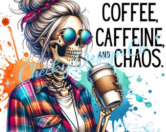 Coffee Skull PNG | Funny Skeleton Watercolor Clipart (Digital Download)
