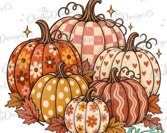 Retro Pumpkin Clipart, Groovy Fall Floral, Checkered Autumn Design (PNG Digital Download)