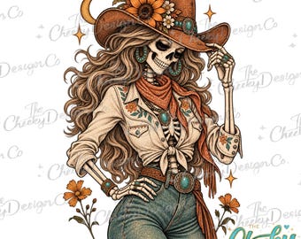Cowgirl Skeleton PNG, Western Halloween Sublimation, Retro Rodeo Woman, Spooky Cowboy Floral Clipart
