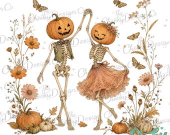 Dancing Skeleton PNG, Halloween, Wildflower png,  Vintage Spooky, Digital Download