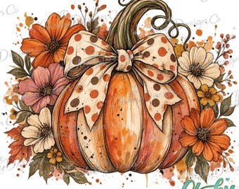 Watercolor Pumpkin PNG, Fall Floral Design, Pumpkin Bow Graphic, Vintage Autumn Wildflower Sublimation