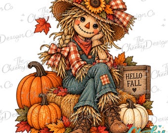 Scarecrow Girl PNG, Autumn Harvest Design, Vintage Farmhouse Clipart (Digital Download)