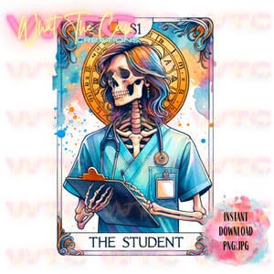 Carta de Tarô de Estudante de Medicina PNG | Design de Sublimação de Esqueleto de Estudante | Clipart de Humor Negro para Faculdade de Enfermagem e Medicina | Cuidados de Saúde Alternativos