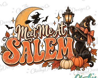 Retro Salem Witch Cat Halloween Design, Vintage Spooky Season Sublimation PNG (Digital Download)