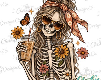 Retro Spooky Skeleton Girl PNG, Floral Iced Coffee Clipart (Digital Download)