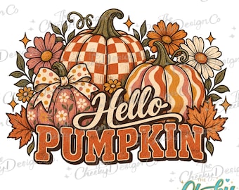 Hello Pumpkin PNG, Retro Fall Pumpkin Design, Groovy Autumn Shirt Graphic, Vintage Thanksgiving Sublimation