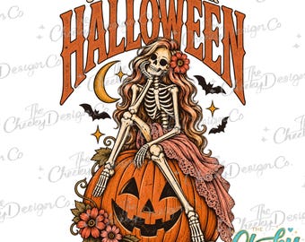 Just Waiting for Halloween PNG, Skeleton Pumpkin Retro Design, Spooky Season Sublimation Clipart