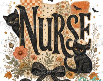 Black Cat Nurse Halloween Design, Retro Wildflower Fall Sublimation (Digital Download)