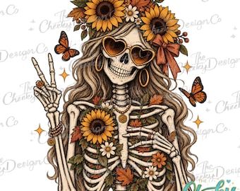 Boho Skeleton Girl PNG, Retro Sunflower Floral Halloween Art (Digital Download)